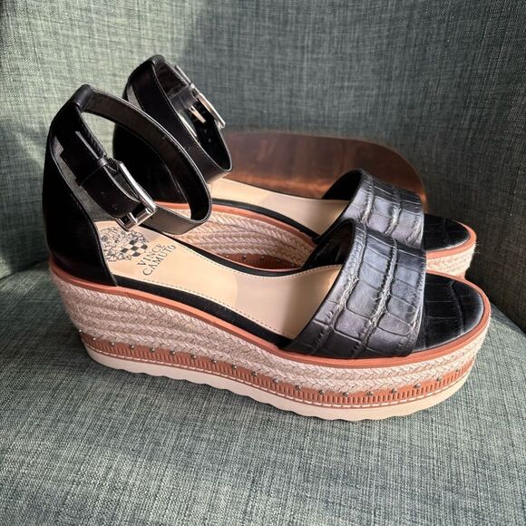 Vince Camuto Women black Platform Ankle Strap Open toe Wedge Sandals size 8 EUC! - Picture 2 of 12